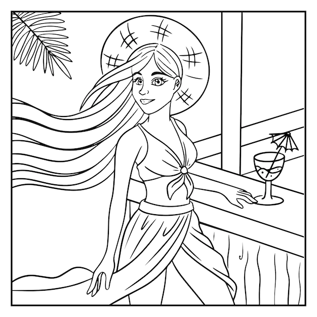 Woman in a hat on vacation coloring page